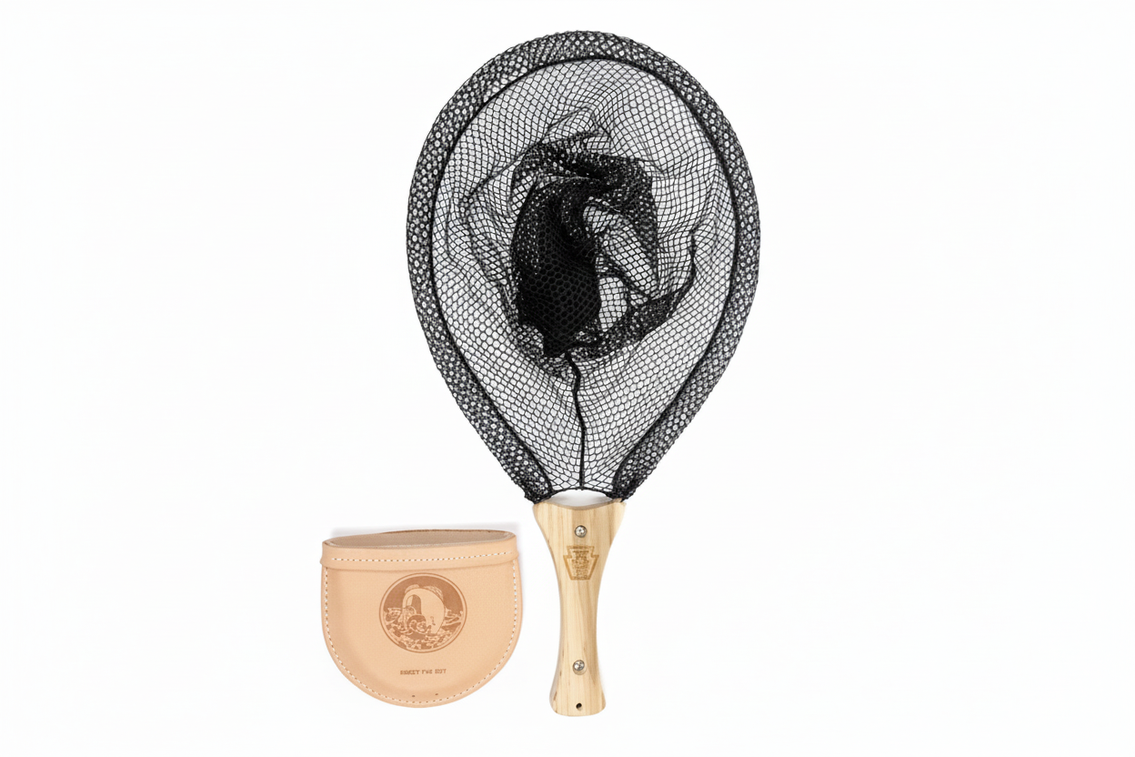 Fishing net with wooden handle and leather case on a white background