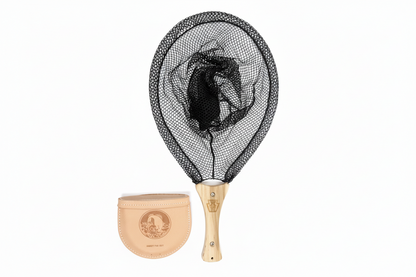 Fishing net with wooden handle and leather case on a white background
